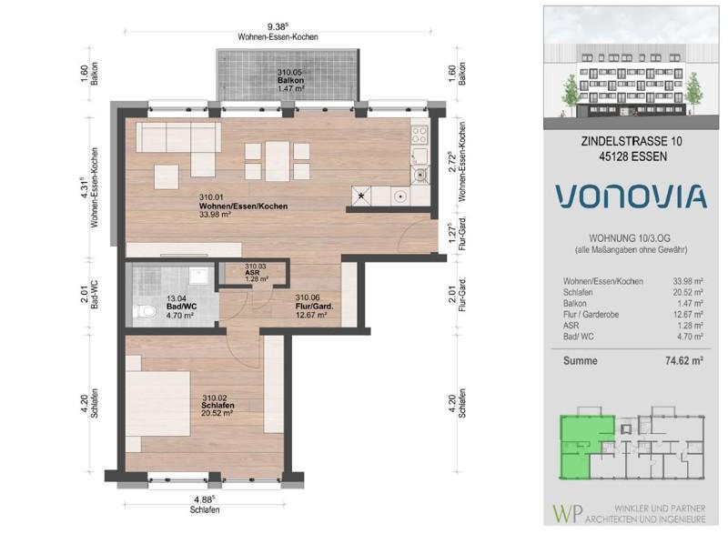 Etagenwohnung Essen Südviertel - 2.5 Zimmer, 71 m&sup2;, 885&euro; | Angebot:26290005