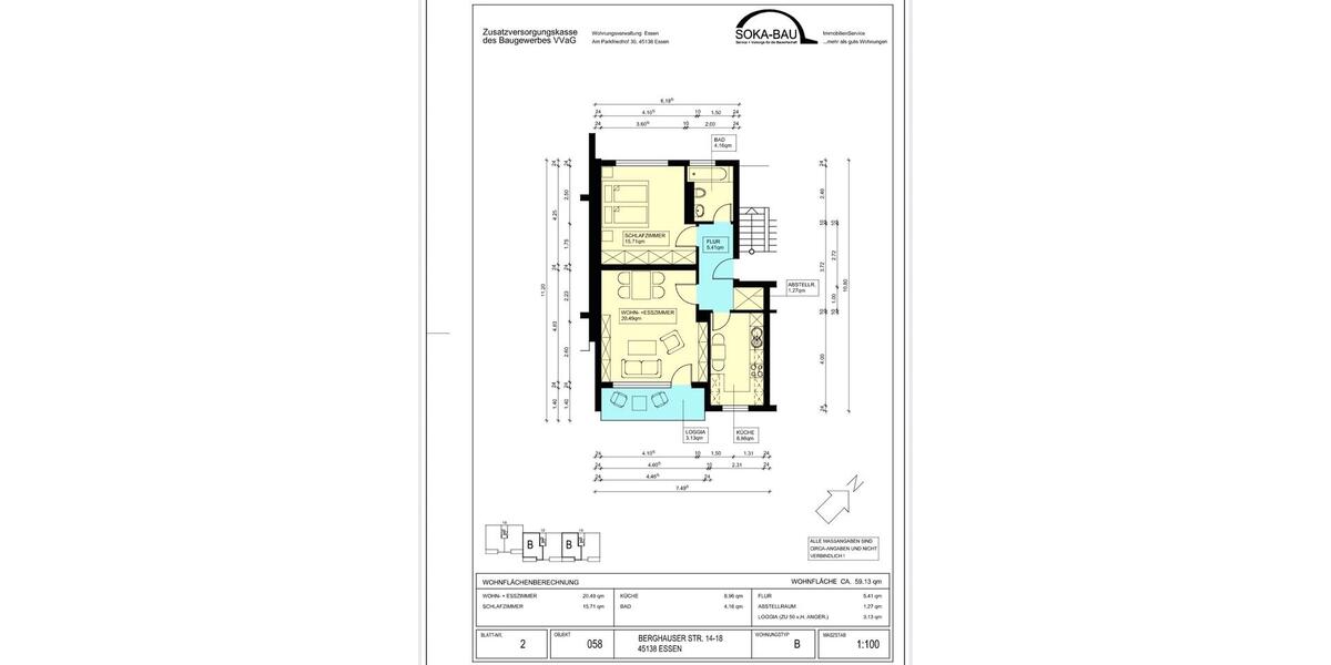 Dachgeschoßwohnung Essen Stadtbezirk II - 2.5 Zimmer, 59 m&sup2;, 740&euro; | Angebot:26285594