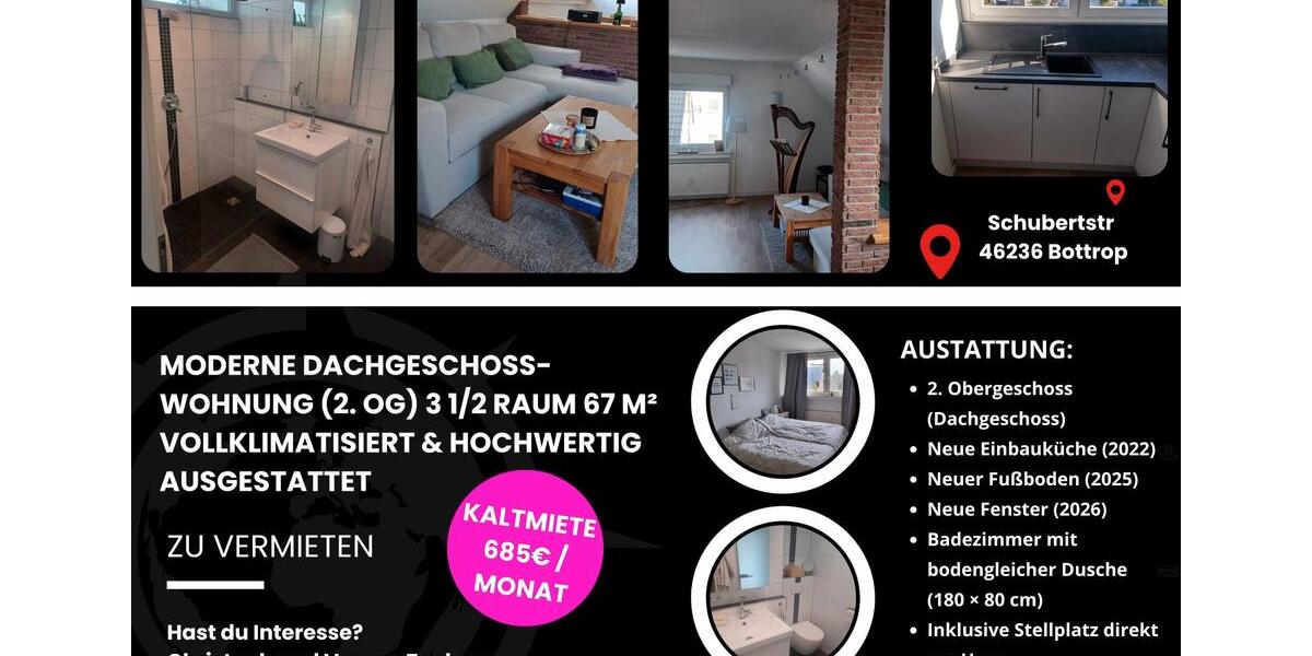 Dachgeschoßwohnung Bottrop - 3.5 Zimmer, 67 m&sup2;, 685&euro; | Angebot:26271941