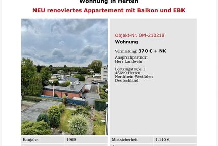 Wohnung Herten Bertlich - 1.5 Zimmer, 39 m&sup2;, 490&euro; | Angebot:26276809