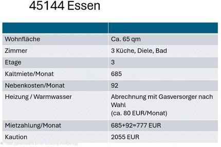 Wohnung Essen Stadtbezirk III - 3 Zimmer, 65 m&sup2;, 777&euro; | Angebot:26248826