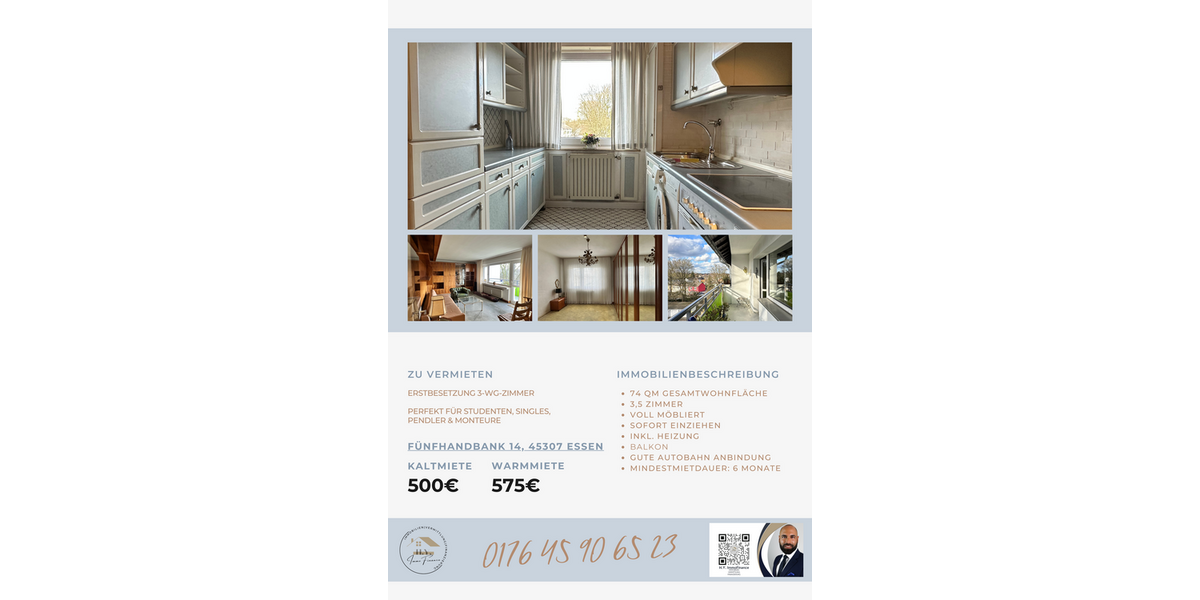 Etagenwohnung Essen-Kray Kray - 3 Zimmer, 74 m&sup2;, 500&euro; | Angebot:25638714